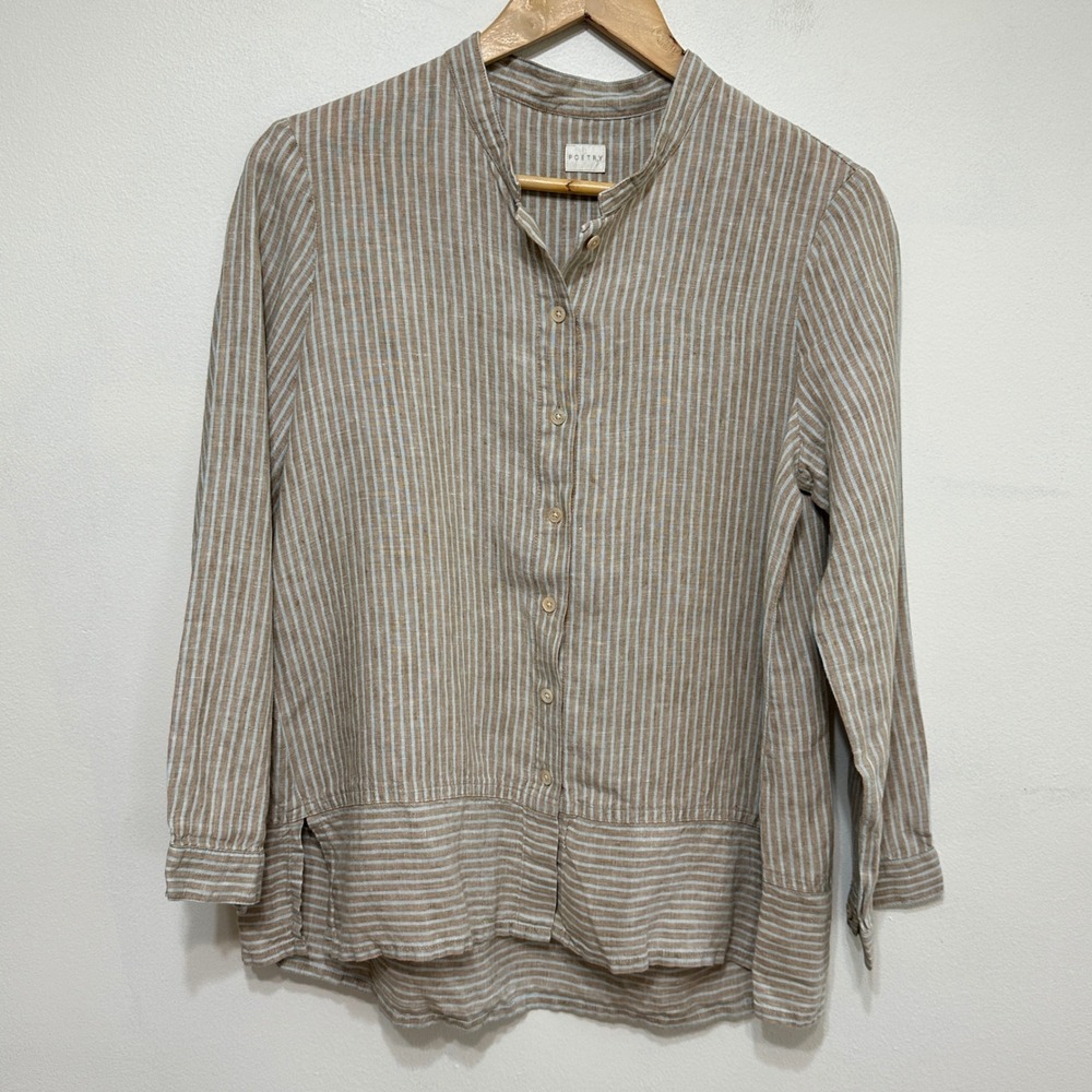 Poetry Striped 100% Linen Button Down Shirt  Womens 8 Tan Blue Relaxed Coastal